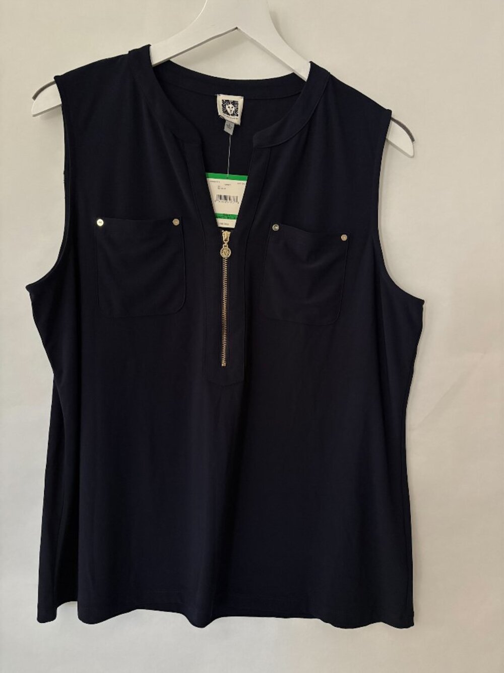 NWT Ann Klein Navy Blue Sleeveless Zip Front Top Size Large